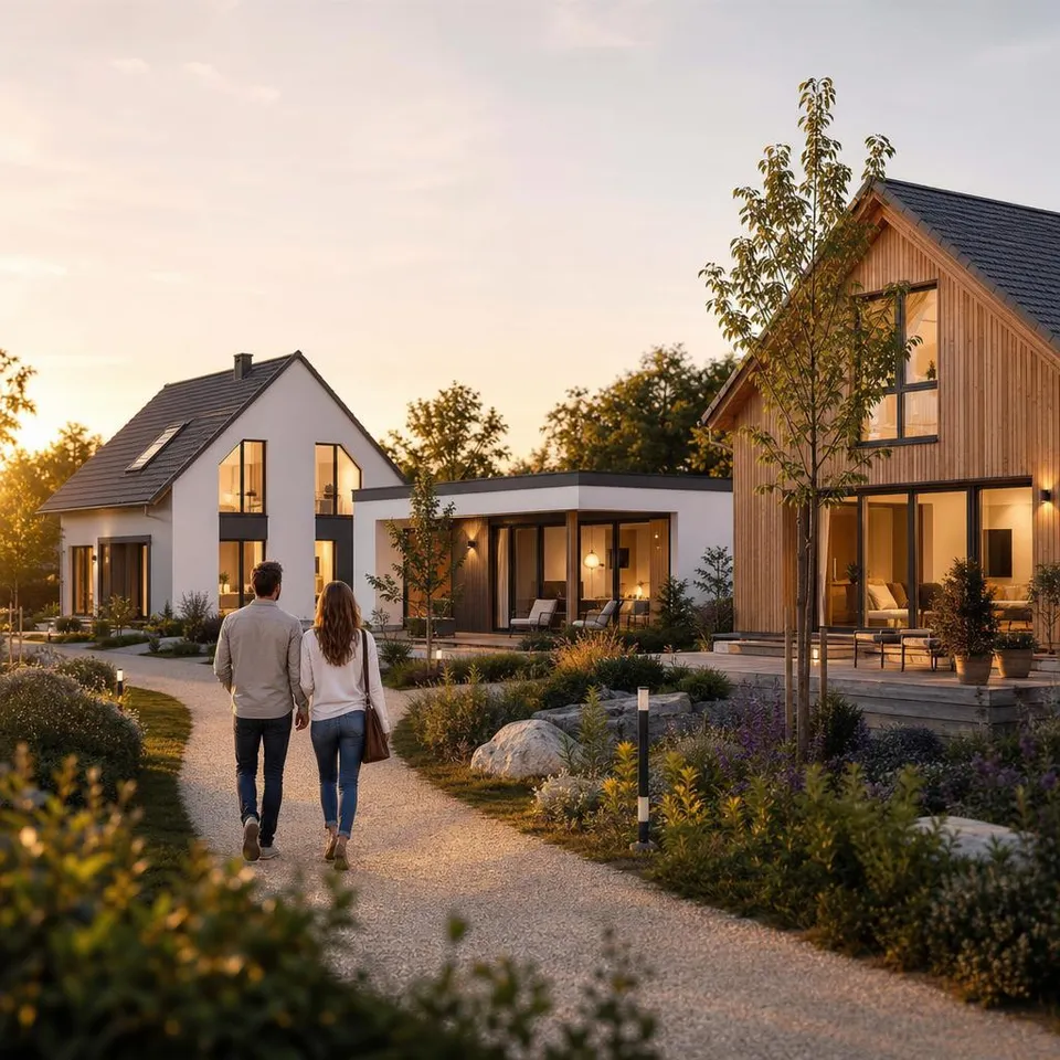 Holzhaus-Anbieter vergleichen: Musterhäuser verschiedener Hersteller Musterhaus-Ausstellung mit modernen Fertigholzhäusern verschiedener Anbieter – Holzrahmen-, Blockhaus- und Massivholz-Bauweise im Abendlicht
