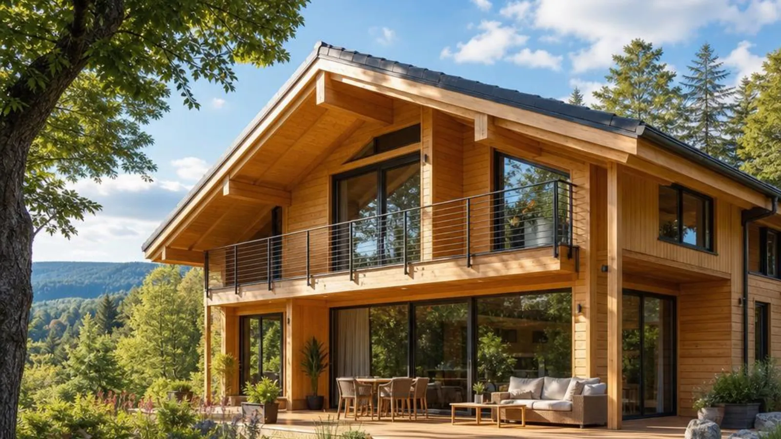 Fertigholzhaus in der Natur: warme Holzfassade, grüne Bäume, positive Stimmung Schönes Fertigholzhaus mit natürlicher Holzfassade inmitten grüner Natur und Bäume bei Sonnenschein – Holzbau-Inspiration auf Fertigholzhaus