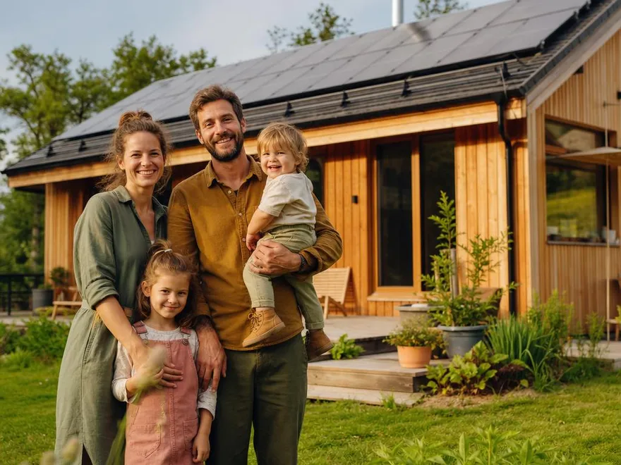 Ökologisches Fertigholzhaus: Familie setzt auf Holzfassade und Solarstrom Junge Familie mit zwei Kindern vor ihrem ökologischen Fertigholzhaus mit natürlicher Holzfassade und Photovoltaik auf dem Dach im grünen Garten