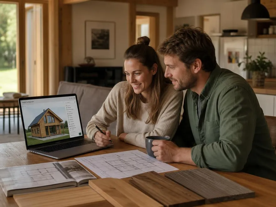 Fertigholzhaus-Planung im Konfigurator: Grundriss und Holz-Bauweise wählen Paar plant sein Fertigholzhaus am Holztisch: 3D-Konfigurator am Laptop, Grundrisse und Holz-Materialproben unter sichtbaren Holzbalken