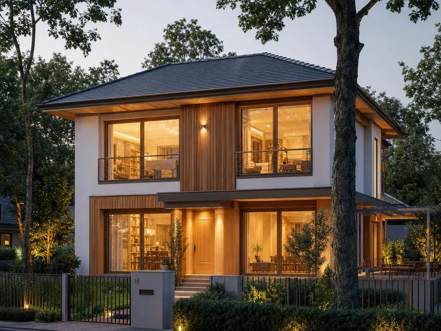 Stadtvilla in Holzbauweise: zwei Geschosse, warme Holzfassade Elegante zweigeschossige Stadtvilla als Fertigholzhaus in Holzbauweise mit Walmdach, heller Holzfassade und großen Fensterfronten in der Abenddämmerung
