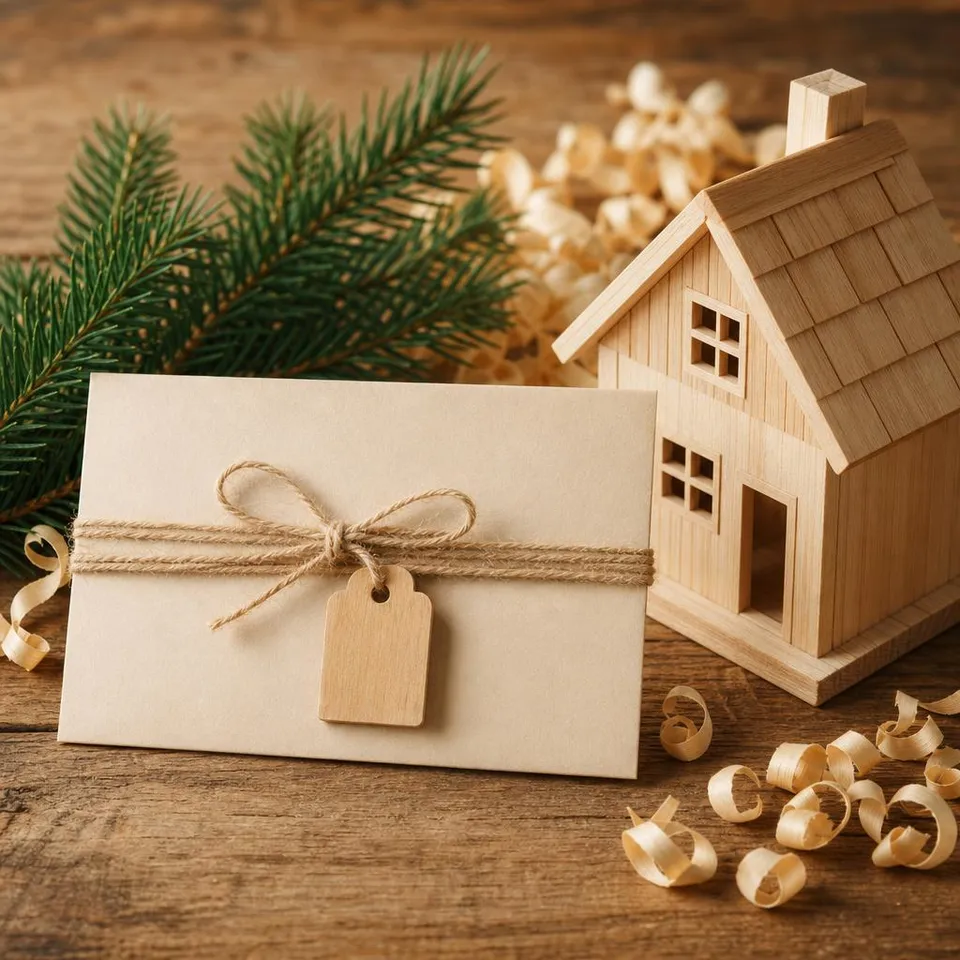 Gutschein mit Naturschnur neben Holzhaus-Modell aus hellem Holz – Ausstattungs-Gutschein für ein Haus in Holztafelbauweise Gutschein mit Naturschnur neben Holzhaus-Modell aus hellem Holz – Ausstattungs-Gutschein für ein Haus in Holztafelbauweise