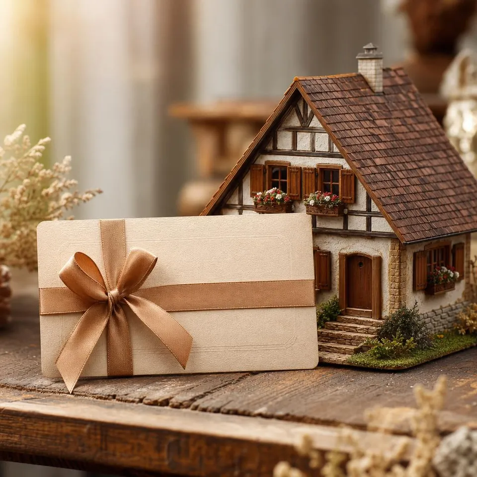 Gutschein mit Schleife neben Blockhaus-Modell mit sichtbaren Vollholzwänden und Fensterläden – Stil-Gutschein für ein Holzhaus im Landhausstil Gutschein mit Schleife neben Blockhaus-Modell mit sichtbaren Vollholzwänden und Fensterläden – Stil-Gutschein für ein Holzhaus im Landhausstil