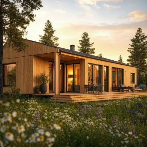 Neubau-Beispiel: modernes Fertigholzhaus am Abend Fertigholzhaus mit Holzfassade in Abendstimmung als Beispiel für einen ökologischen Neubau